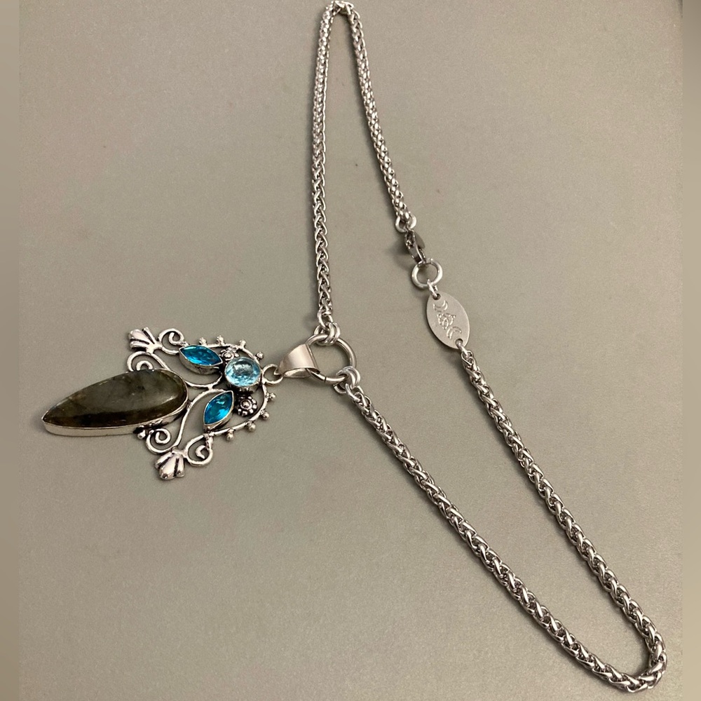 925 Sterling silver overlay natural labradorite sapphire aquamarine necklace - Picture 11 of 16
